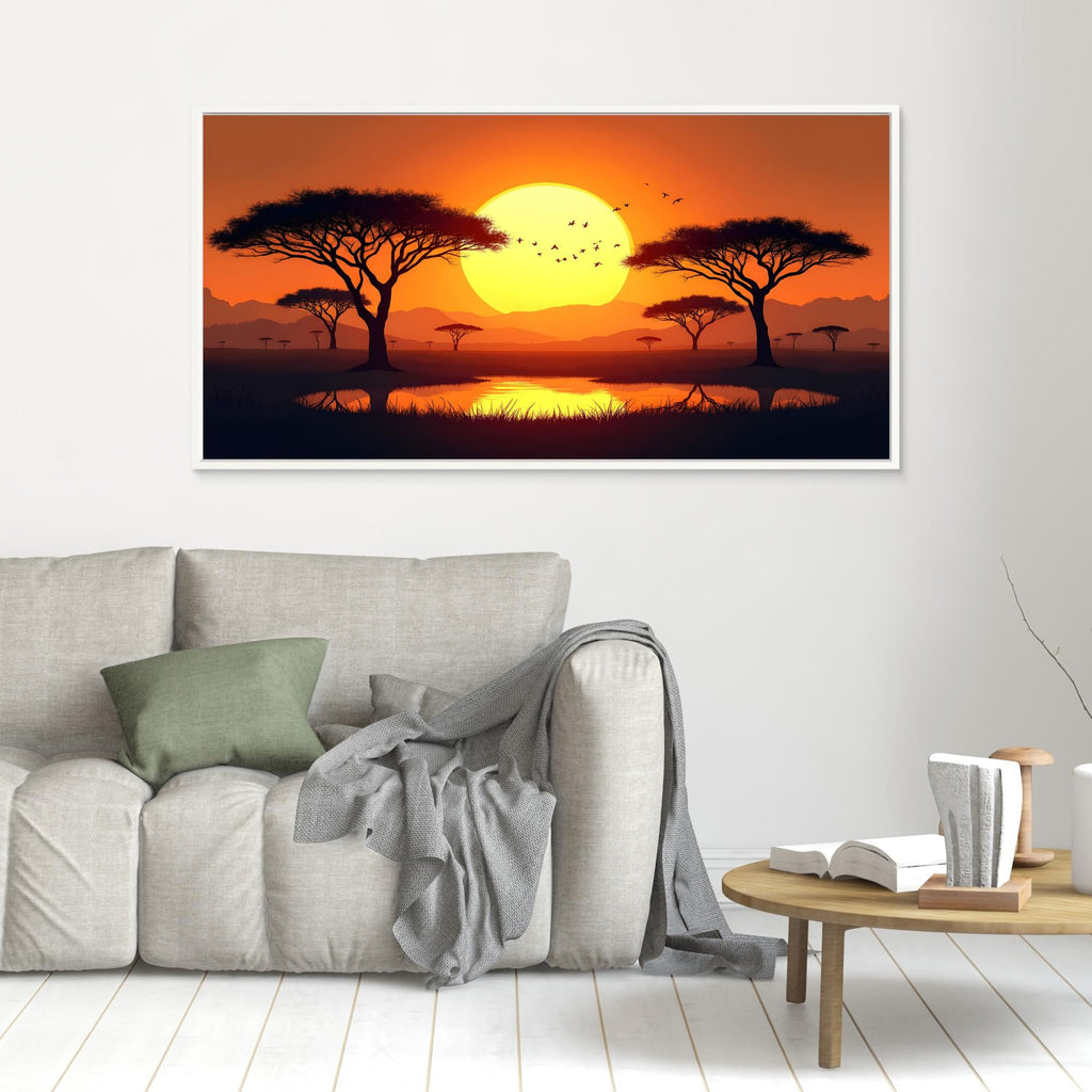 Acacia Trees canvas wall art depicting a vibrant orange sunset with silhouetted acacia trees over a reflective waterbody, creating a serene desert landscape scene