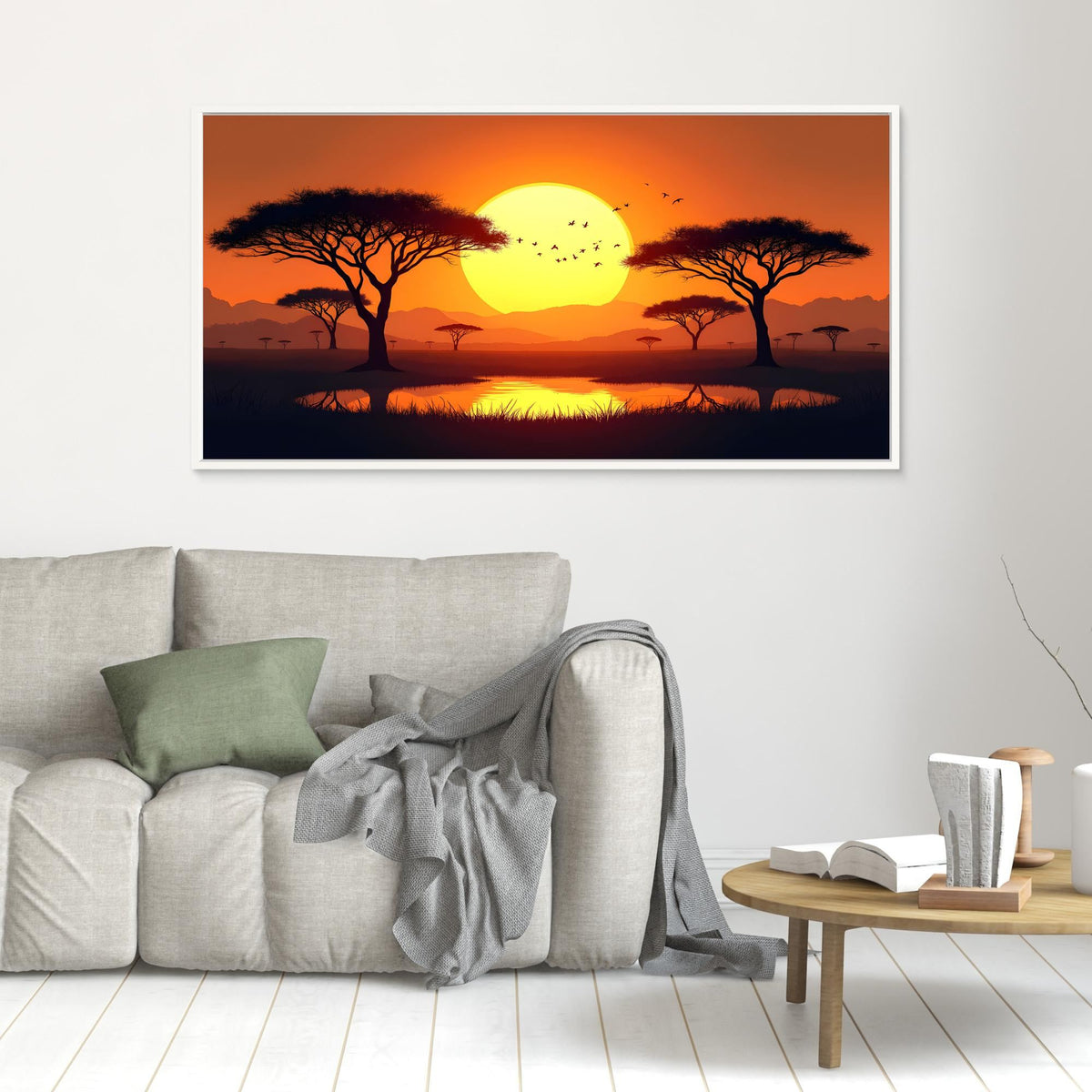 Acacia Trees canvas wall art depicting a vibrant orange sunset with silhouetted acacia trees over a reflective waterbody, creating a serene desert landscape scene