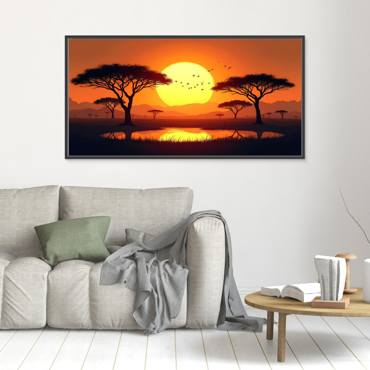 Acacia Trees canvas wall art featuring silhouetted acacia trees against a bright yellow sun with an orange sky and dark foreground
