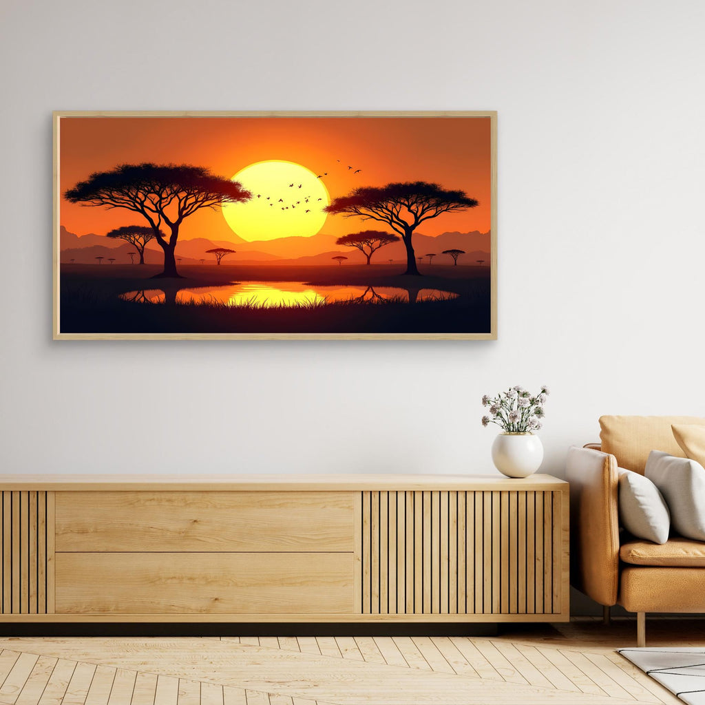 Acacia Trees canvas wall art featuring a sunset landscape with silhouetted acacia trees and birds in warm orange and yellow tones