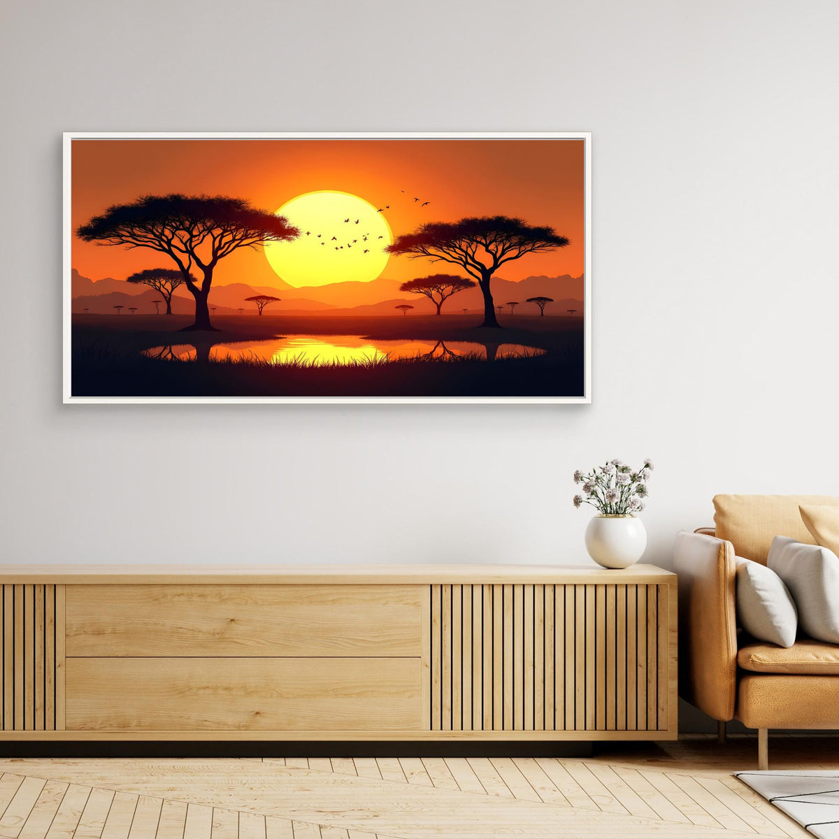 Acacia Trees canvas wall art featuring a sunset landscape with silhouetted trees and birds in warm orange and yellow tones