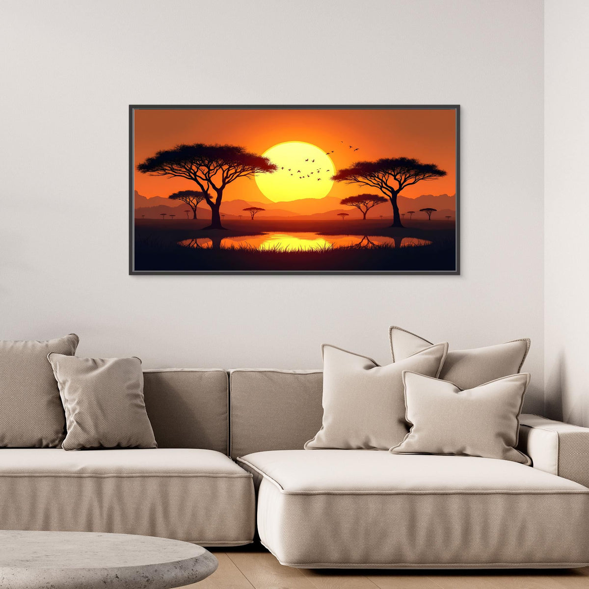 Acacia Trees canvas wall art featuring silhouetted acacia trees against a vivid orange sunset with a reflective water body and birds flying