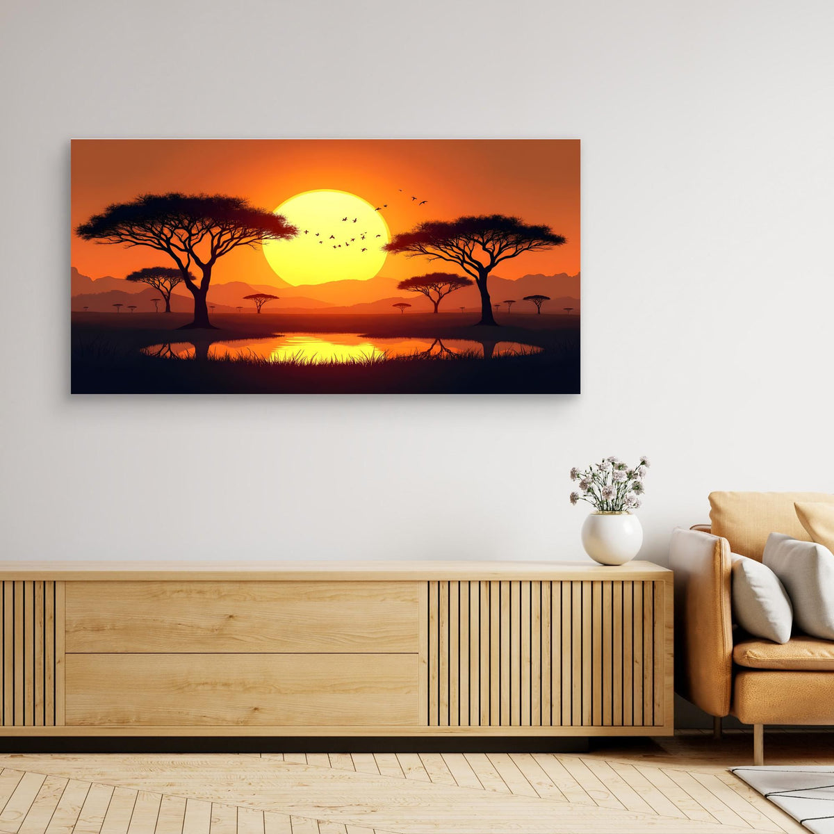 Acacia Trees canvas wall art depicting silhouetted acacia trees against an orange sunset with a bright yellow sun and reflective water