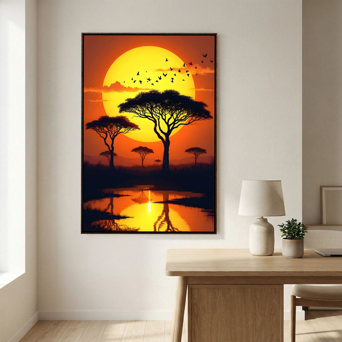 Acacia Trees canvas wall art featuring silhouetted black acacia trees against a vibrant orange sunset with bird silhouettes and water reflection