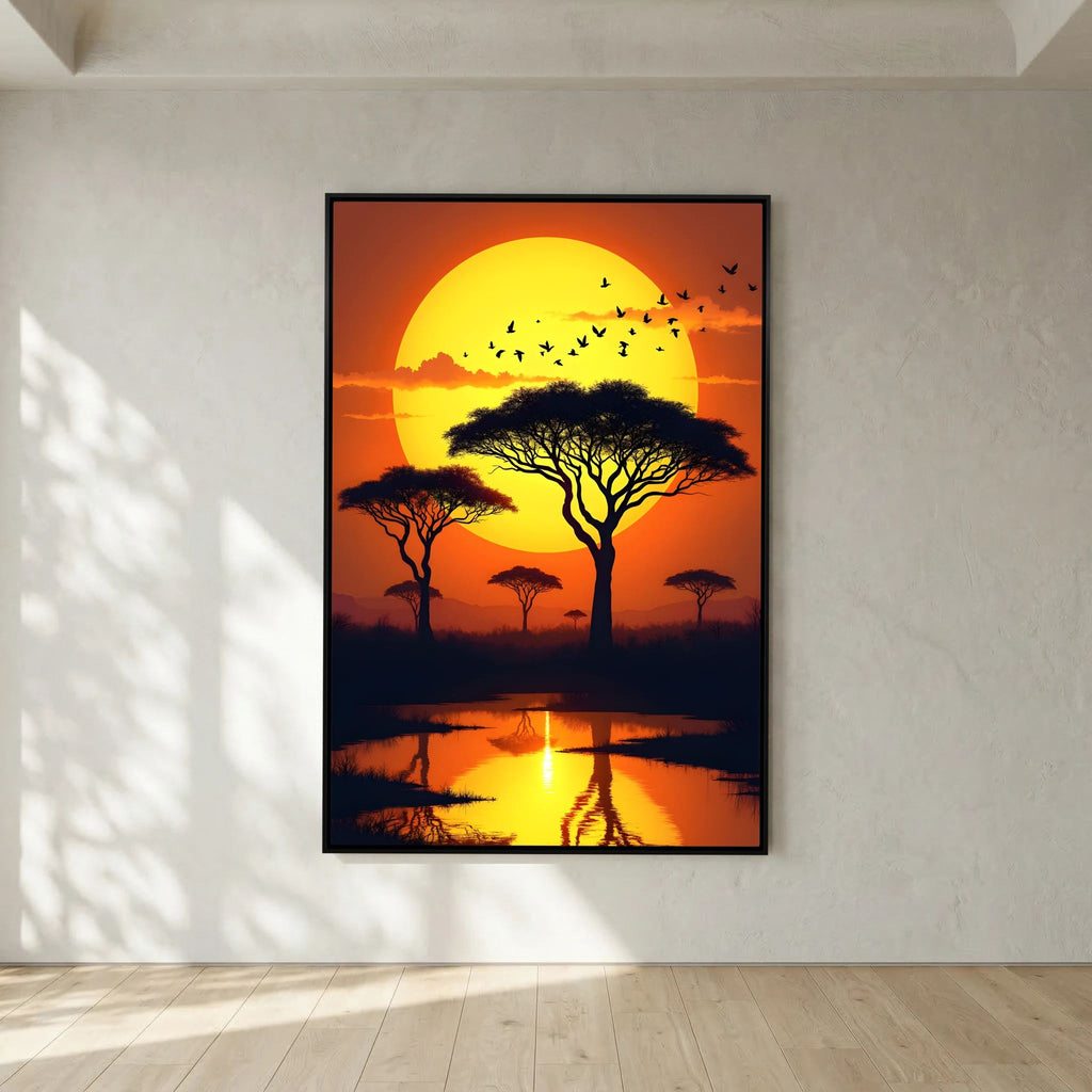 Framed canvas wall art featuring acacia trees silhouette at sunset with a bright orange sun and birds flying over water reflection