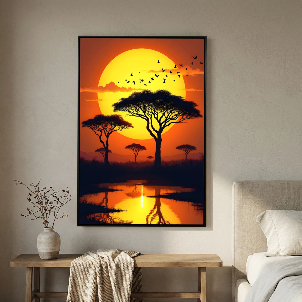 Acacia Trees sunset art canvas with vivid orange and yellow sun, silhouetted acacia trees and birds reflected in water