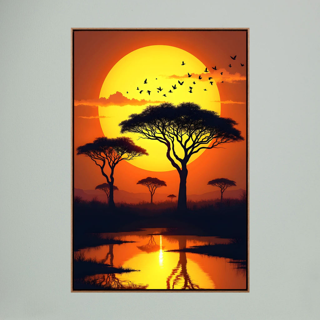 Canvas wall art featuring silhouette of Acacia Trees against a large glowing yellow sun at sunset with reflective water below