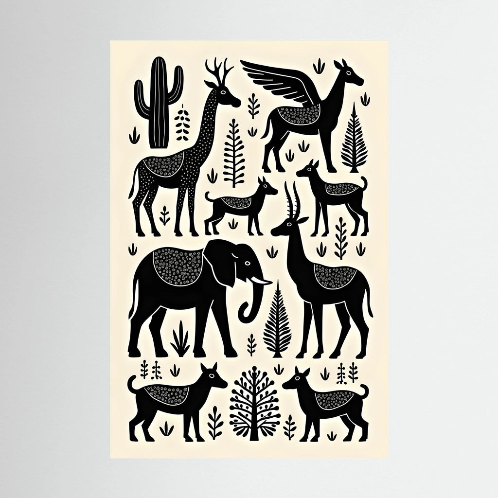 African Plains Animal Art canvas featuring black silhouette animals and plants on a cream background with decorative patterns