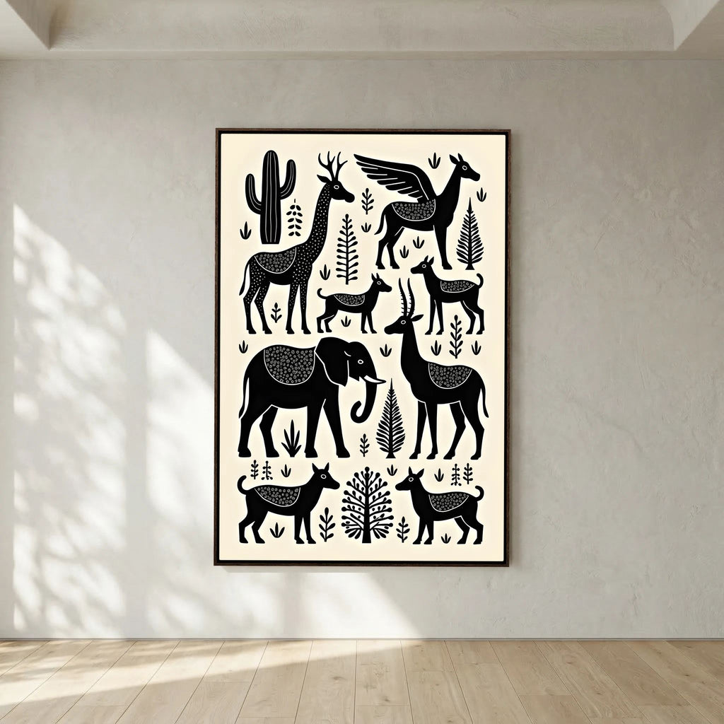 African Plains Animal Art canvas wall art featuring black and white stylized animal and plant silhouettes on a light background in a dark frame