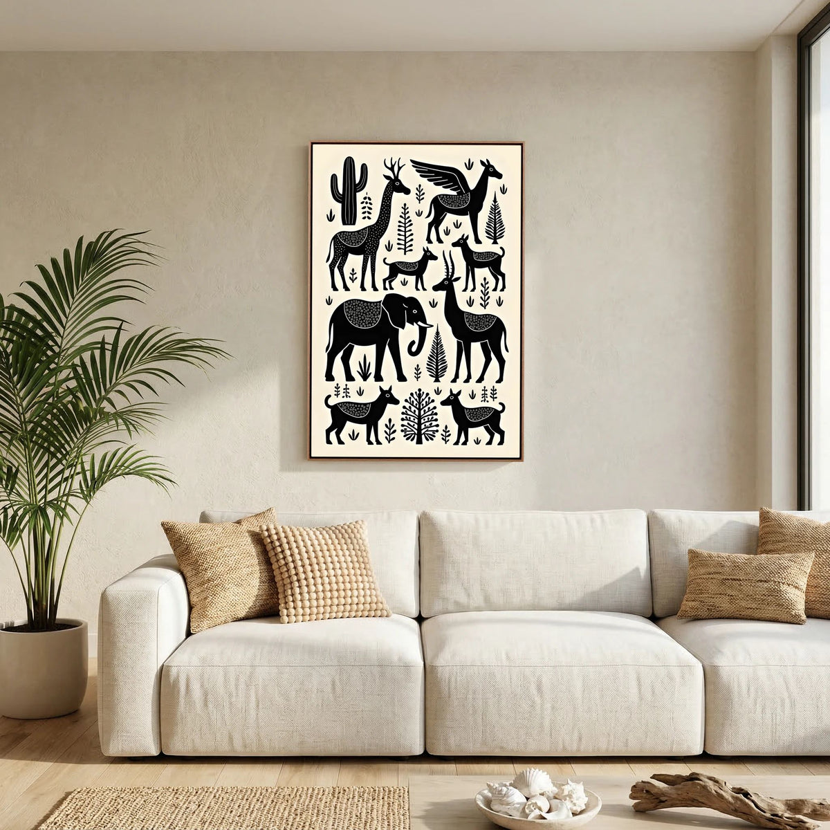 African Plains Animal Art canvas wall art featuring black silhouettes of animals and plants on a cream background in a wooden frame