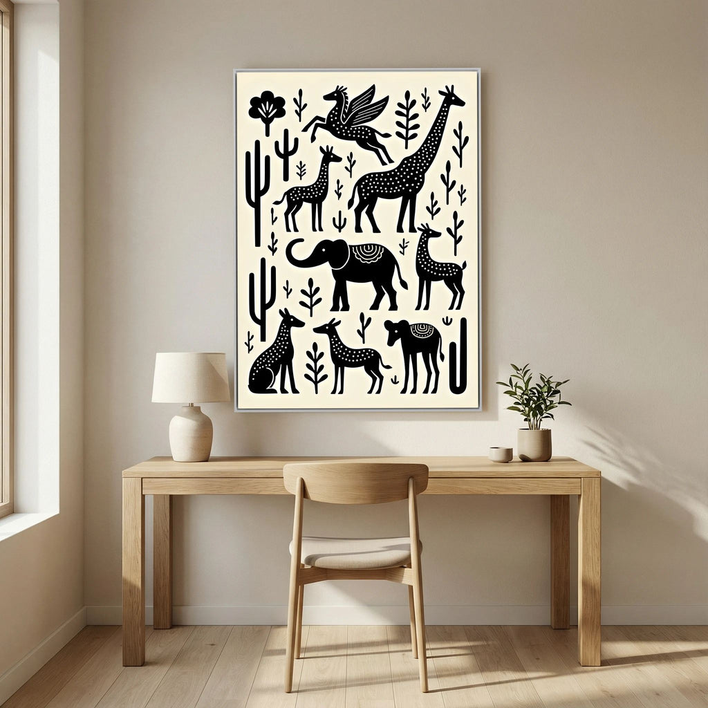 Canvas wall art with black animal silhouettes including giraffe, elephant, zebra, bird, and plants on white background featuring African Plains Black White Art design