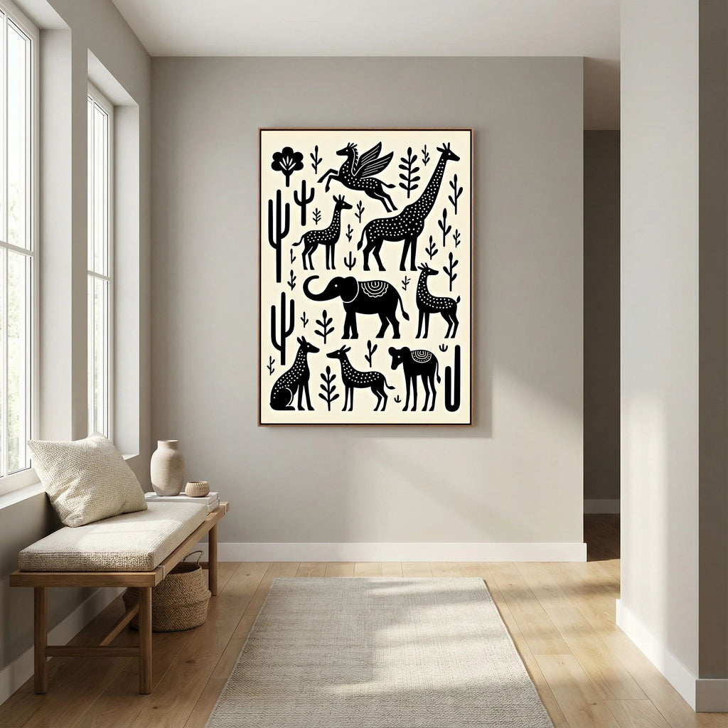 African Plains Black White Art canvas print featuring stylized black animal and plant silhouettes on white background
