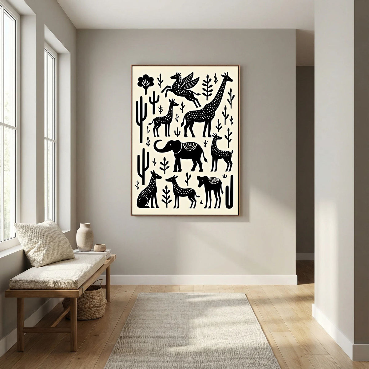African Plains Black White Art canvas print featuring stylized black animal and plant silhouettes on white background