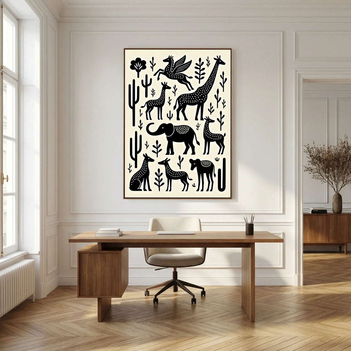 African Plains Black White Art canvas print featuring stylized black animal shapes and plants on a white background in minimalist room