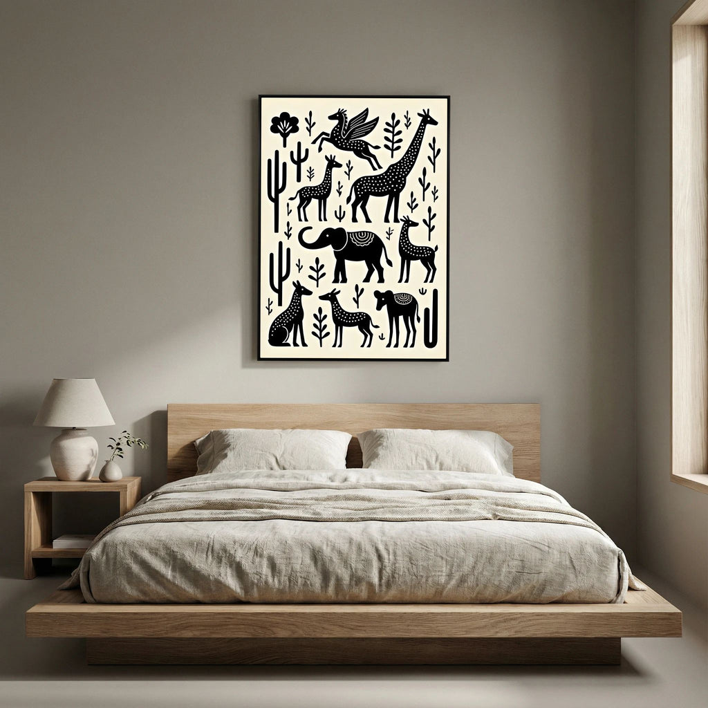 African Plains Black White Art canvas print featuring stylized black animal silhouettes and plants on a white background in a minimalist bedroom