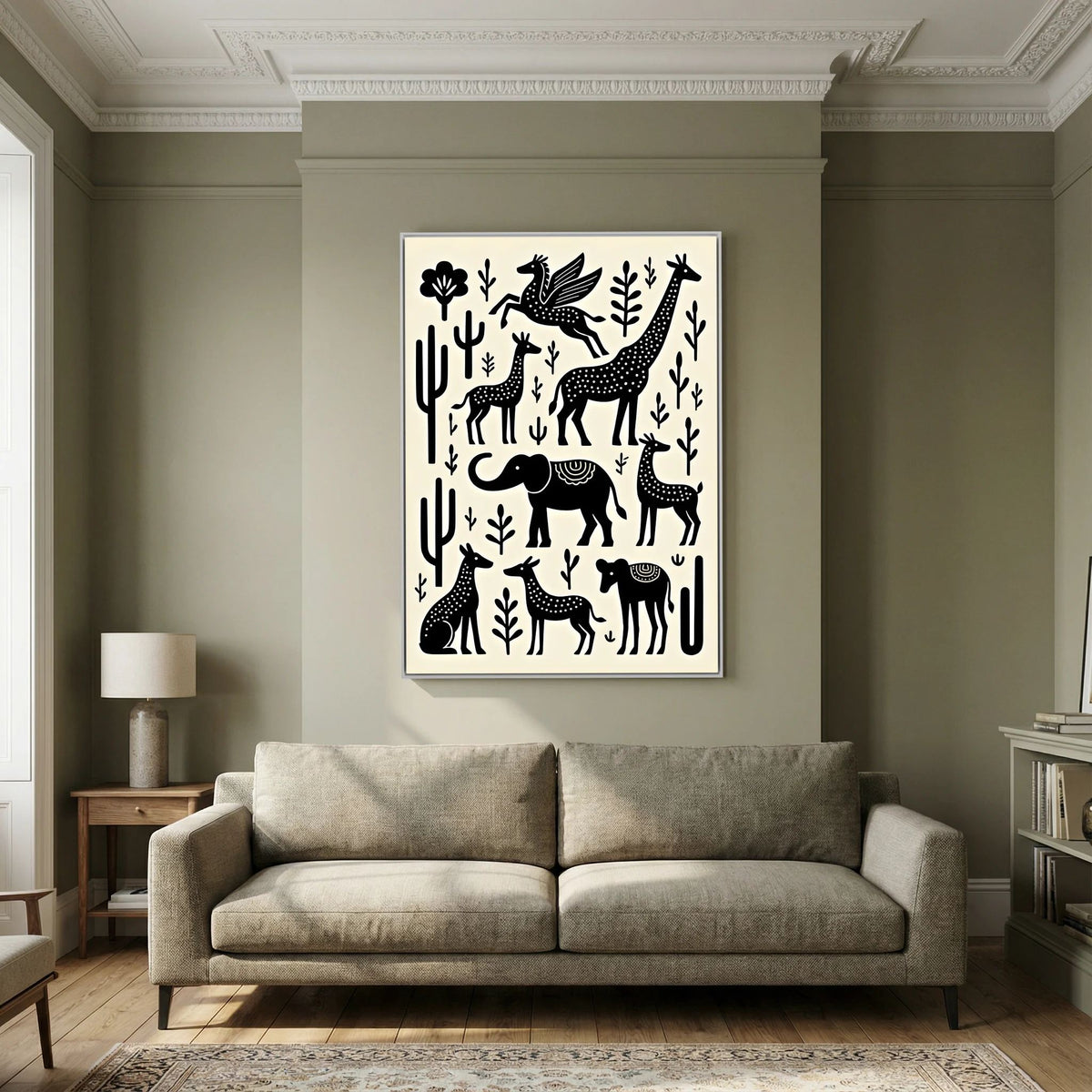 African Plains Black White Art canvas wall art with bold black animal and plant silhouettes on a white background in a living room
