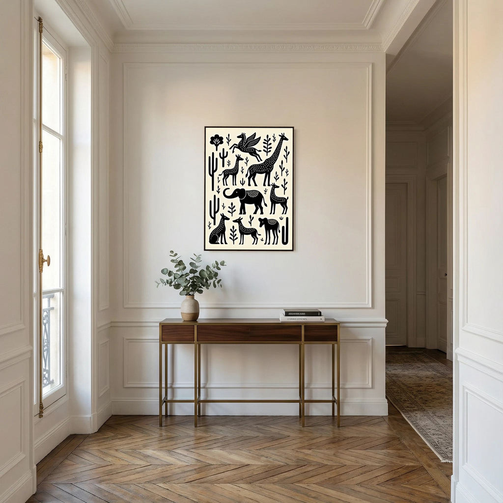 African Plains Black White Art canvas wall art featuring black silhouettes of animals and plants on a white background in a beige interior