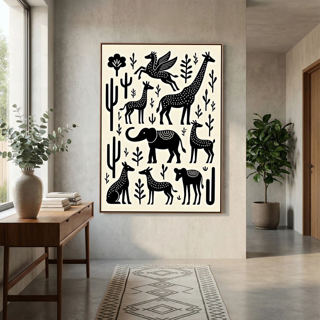 African Plains Black White Art canvas wall art featuring black silhouettes of giraffes, elephants, birds, and plants on a white background in a wooden frame