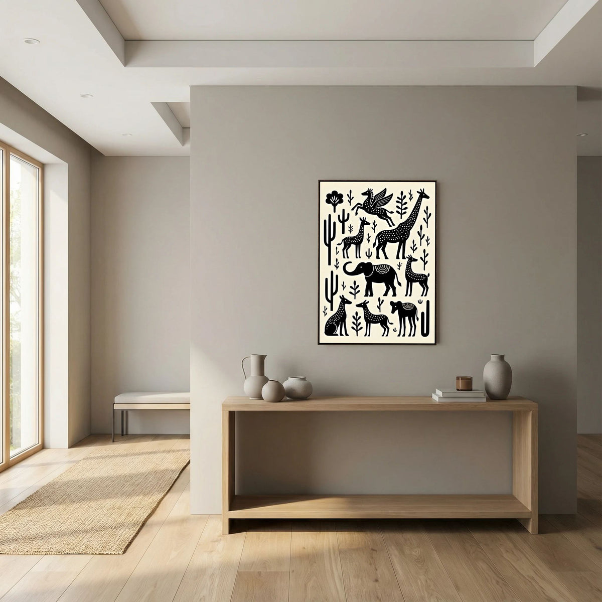 African Plains Black White Art featuring black silhouette animals and plants on white canvas in minimalist modern room