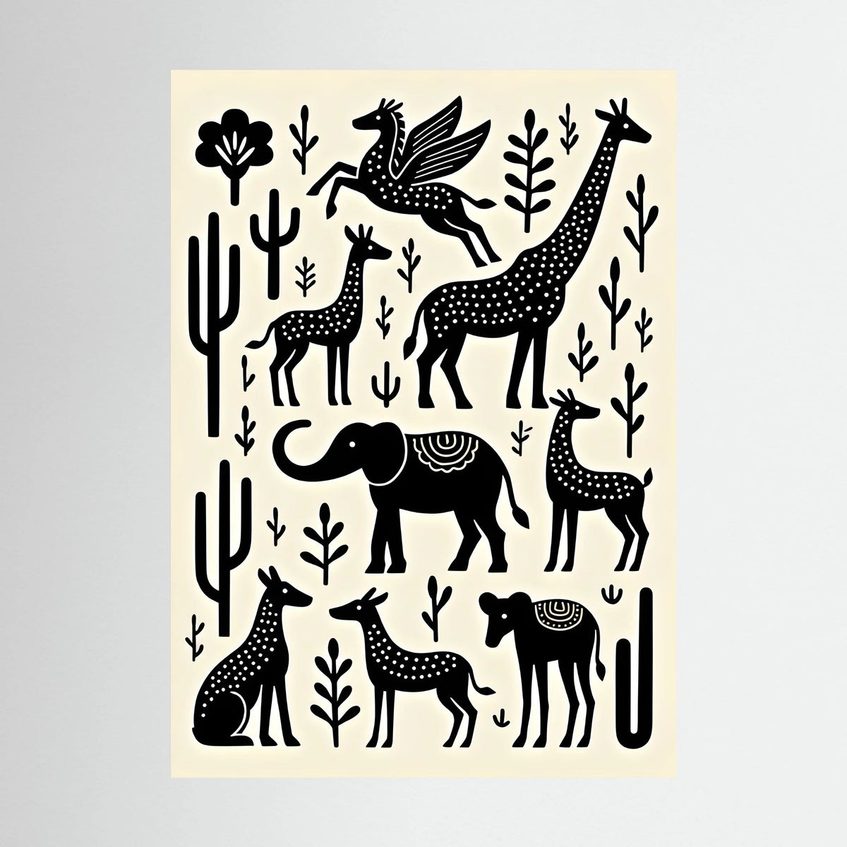 African Plains Black White Art featuring stylized black animal silhouettes and plants on a white canvas background