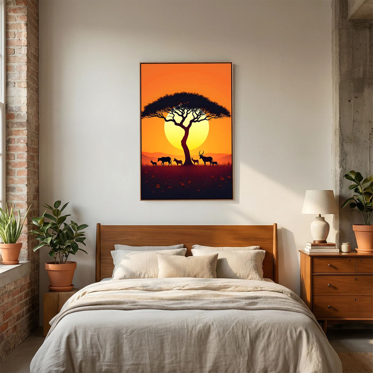 African Plains wall canvas showing an orange sunset with silhouetted acacia tree and wildlife against a large sun, colorful and vibrant