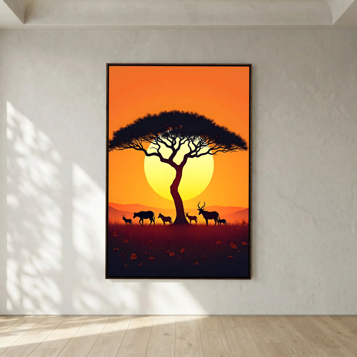 African Plains art canvas featuring black silhouetted acacia tree and wildlife against a bright orange and yellow sunset background