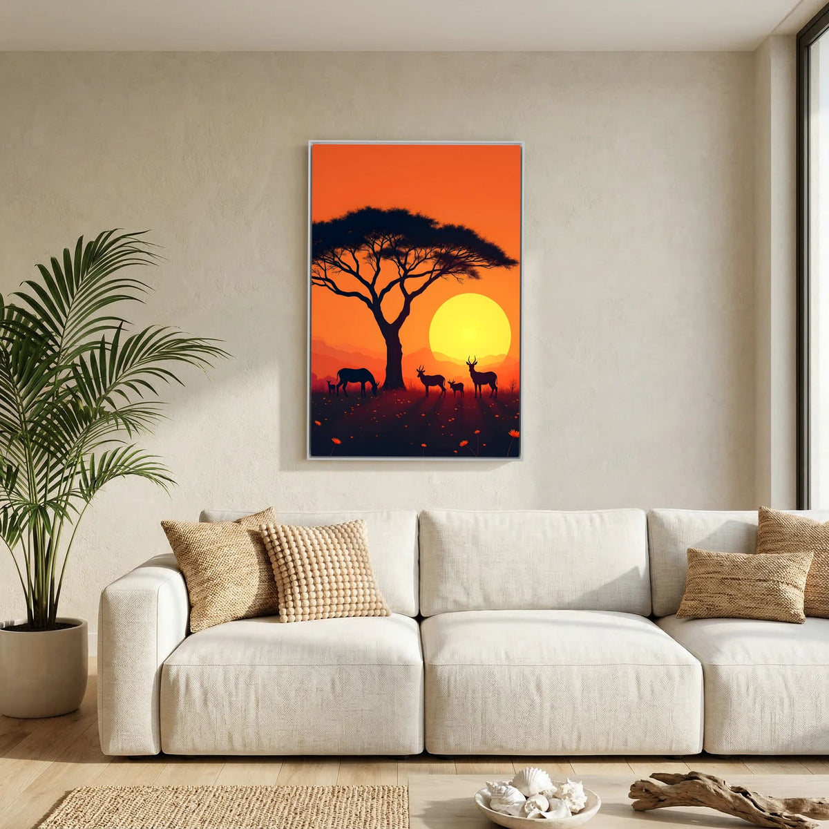 African Plains Sunset canvas wall art featuring a vibrant orange sky, silhouetted acacia tree, and grazing antelope