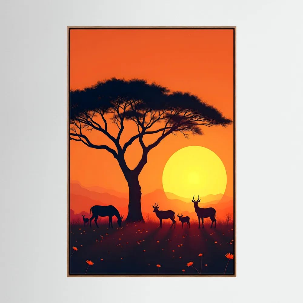 African Plains Sunset canvas wall art featuring silhouetted acacia tree and grazing antelope against vivid orange and yellow sky