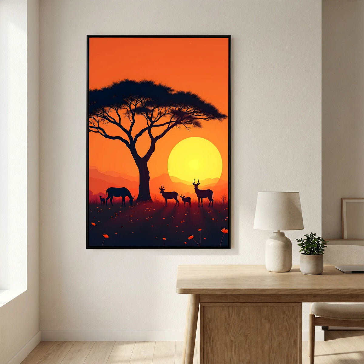 African Plains Sunset canvas wall art featuring silhouetted acacia tree and grazing antelope against a vivid orange sky and large sun