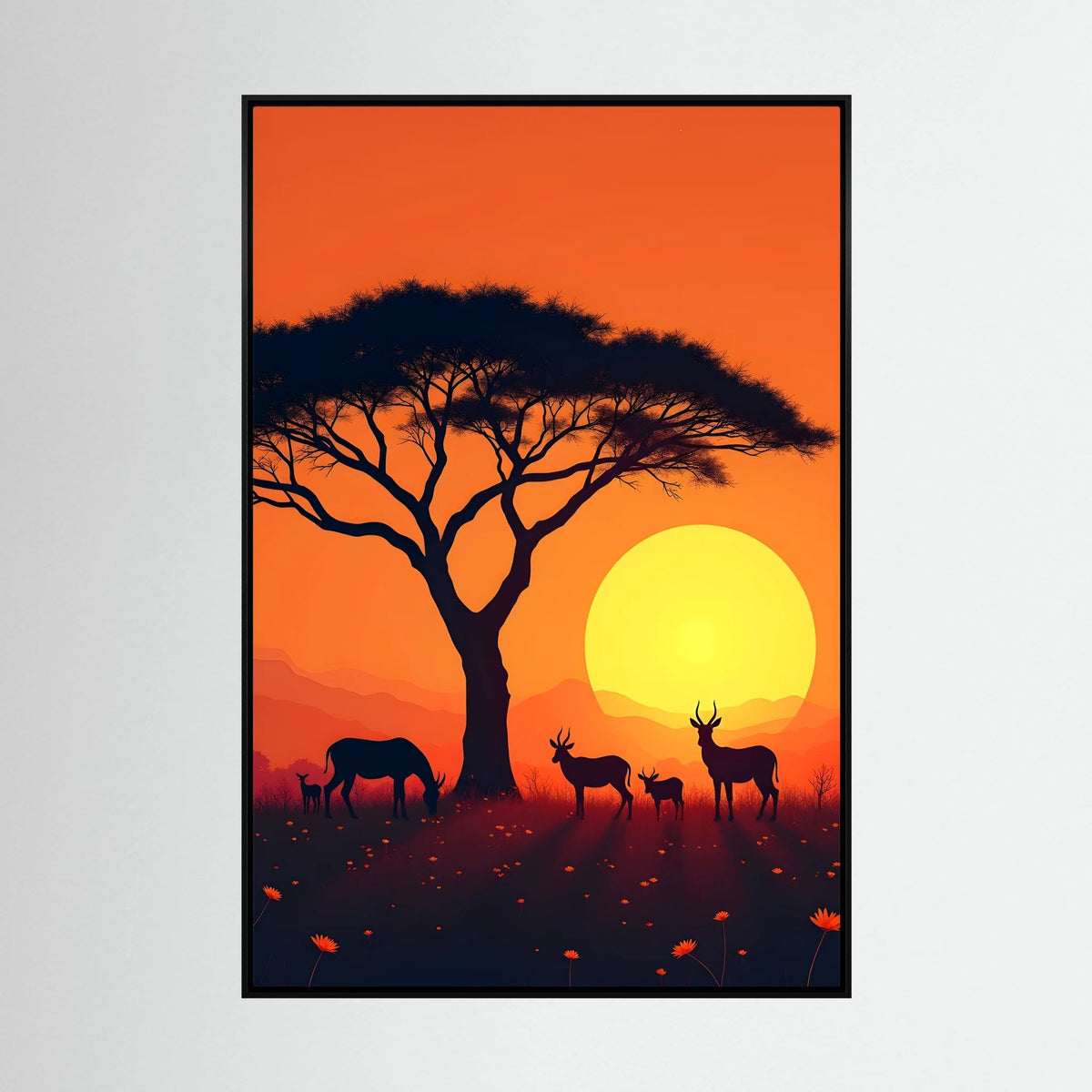 African Plains Sunset canvas wall art featuring silhouetted acacia tree and grazing antelope against vibrant orange sky with large yellow sun