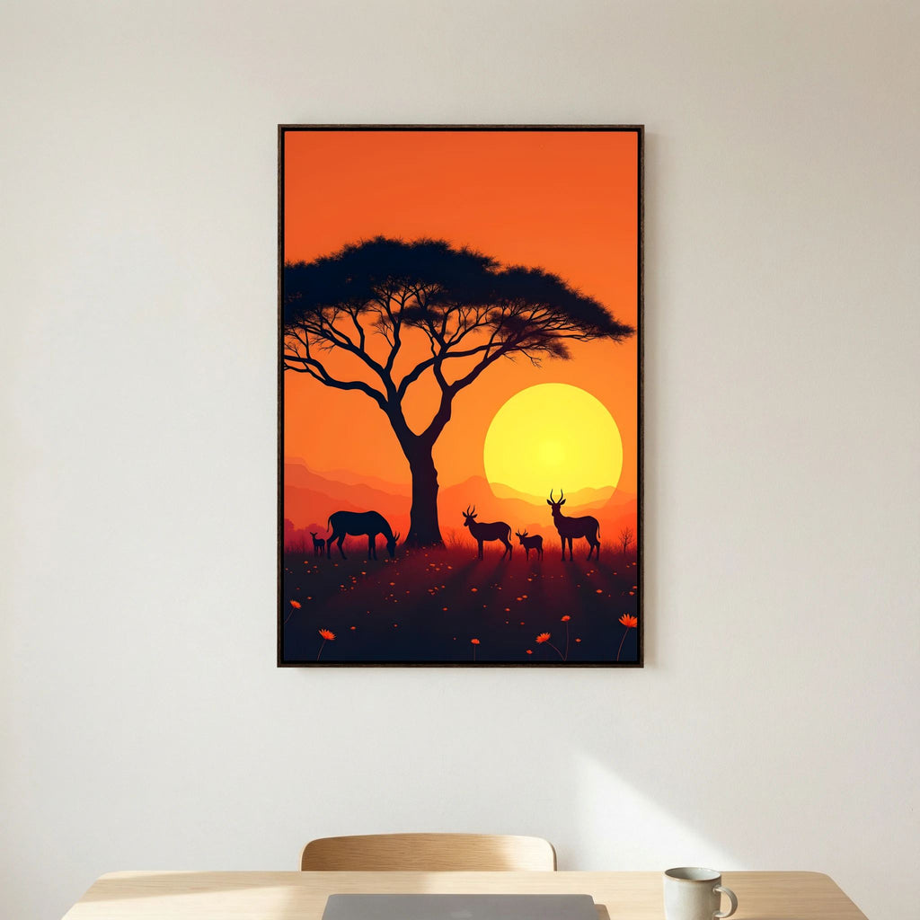 African Plains Sunset canvas wall art featuring a silhouette of acacia tree and grazing animals against an orange glowing sun