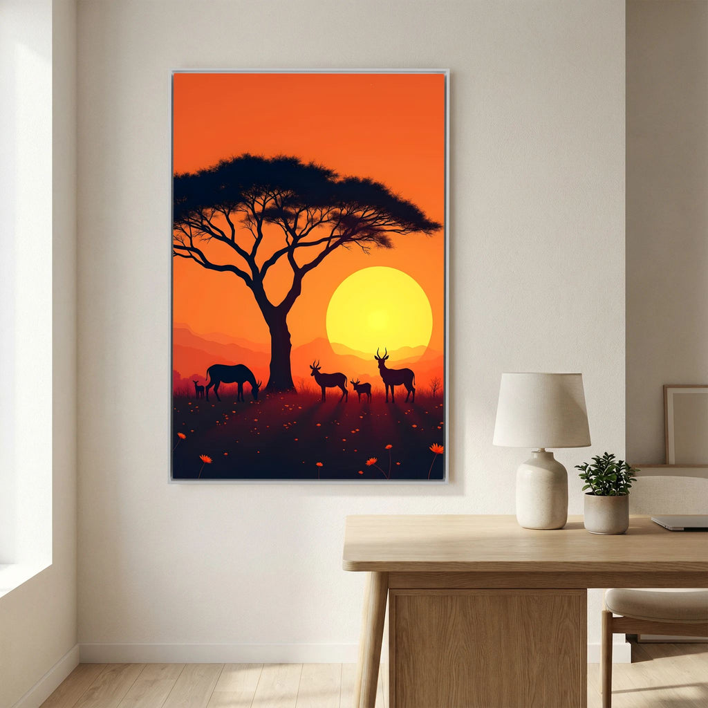 African Plains Sunset canvas wall art featuring silhouetted acacia tree and wildlife against a large yellow sun and vibrant orange sky