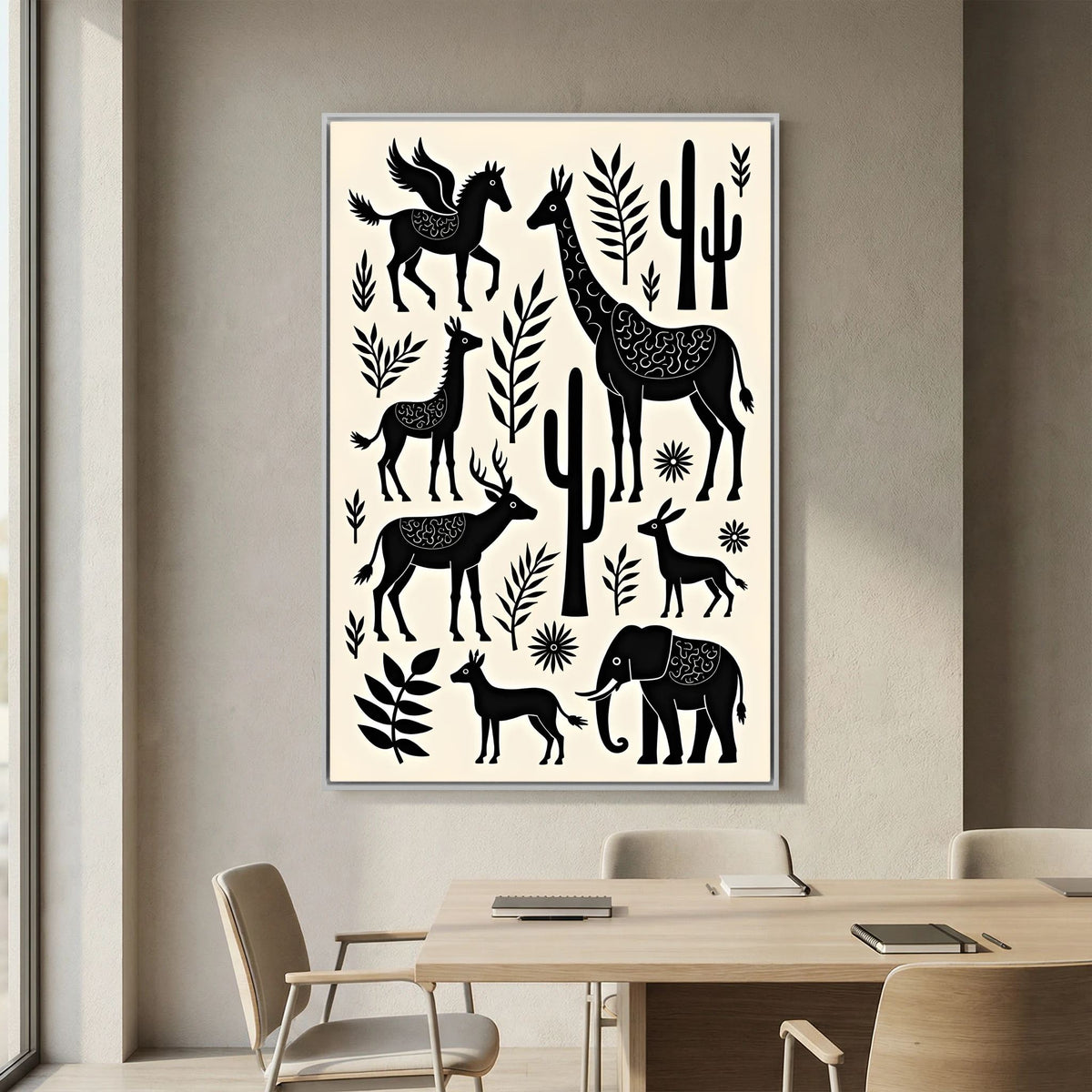 African Plains wall art black silhouette animal and cactus design on white canvas with decorative leaf patterns