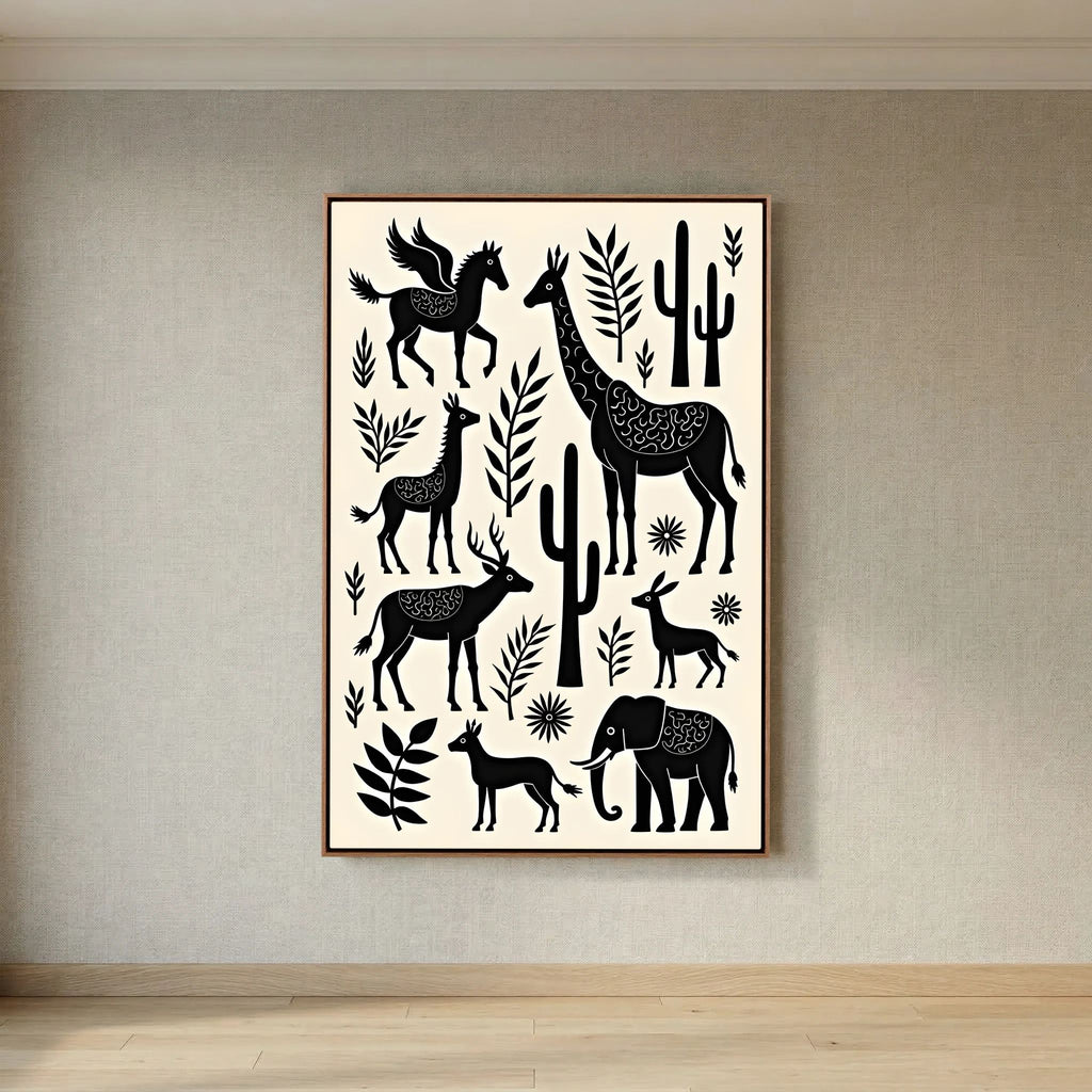 African Plains wall art featuring black silhouette animals and plants on a cream canvas in a slim wooden frame.