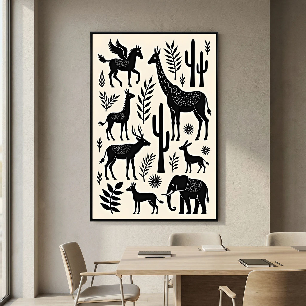 African Plains wall art with black silhouette animals and plants on a cream canvas in a black frame