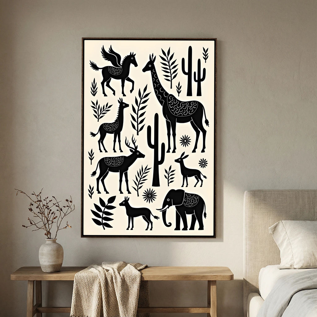 African Plains wall art black and white canvas print featuring abstract animal silhouettes including giraffe, elephant, and antelope