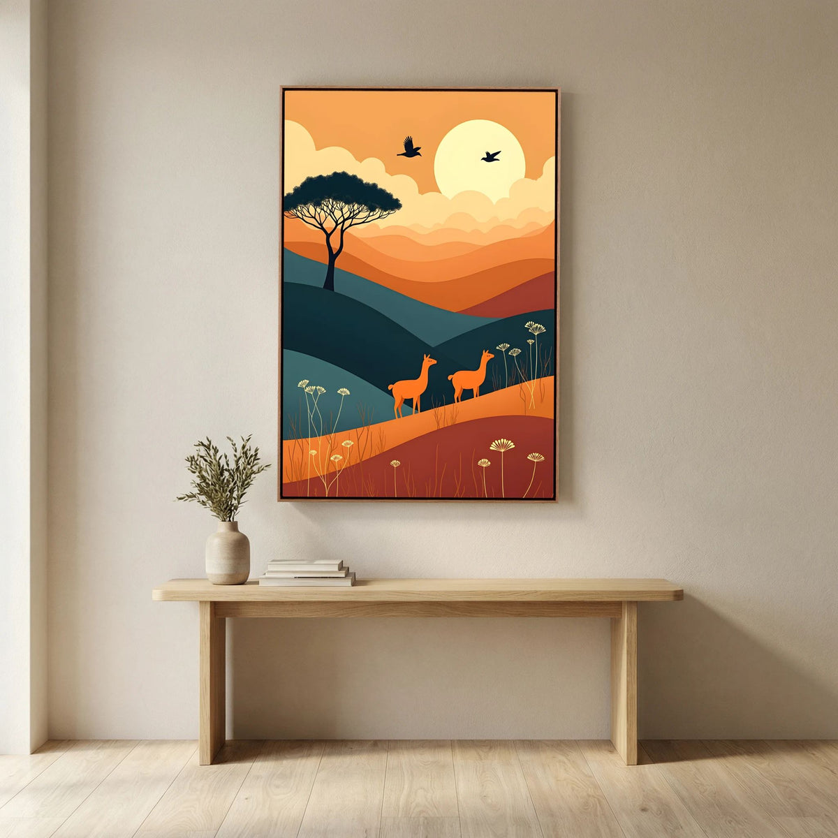 Alpaca Abstract Wall Canvas featuring a burnt orange, navy, and beige landscape with two alpacas, a tree, and birds under the sun