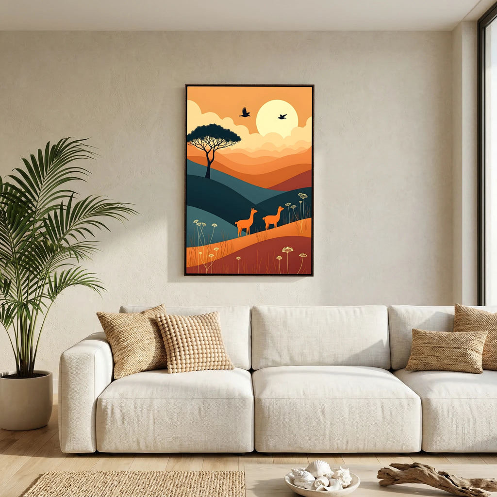 Alpaca Abstract Wall Canvas featuring a warm, color-blocked landscape with orange, red, and blue hills, silhouetted alpacas, and birds under a large sun.