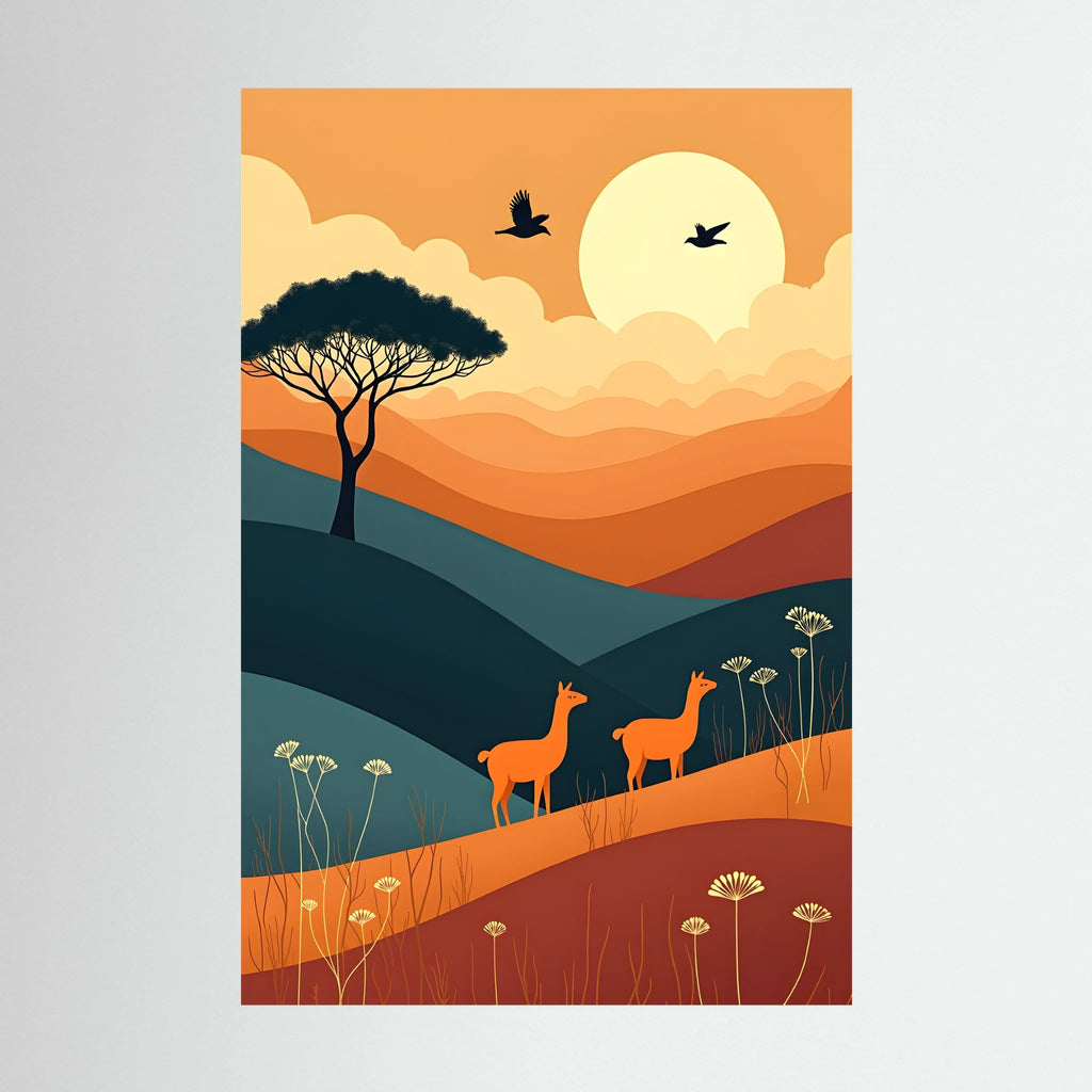 Alpaca Abstract Wall Canvas featuring orange alpacas on layered blue and orange hills with a large yellow sun and flying birds