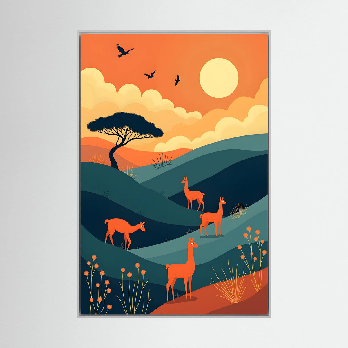 Alpaca At Sunset abstract wall canvas with orange and teal hills, silhouetted tree, birds, and four stylized alpacas in warm sunset hues