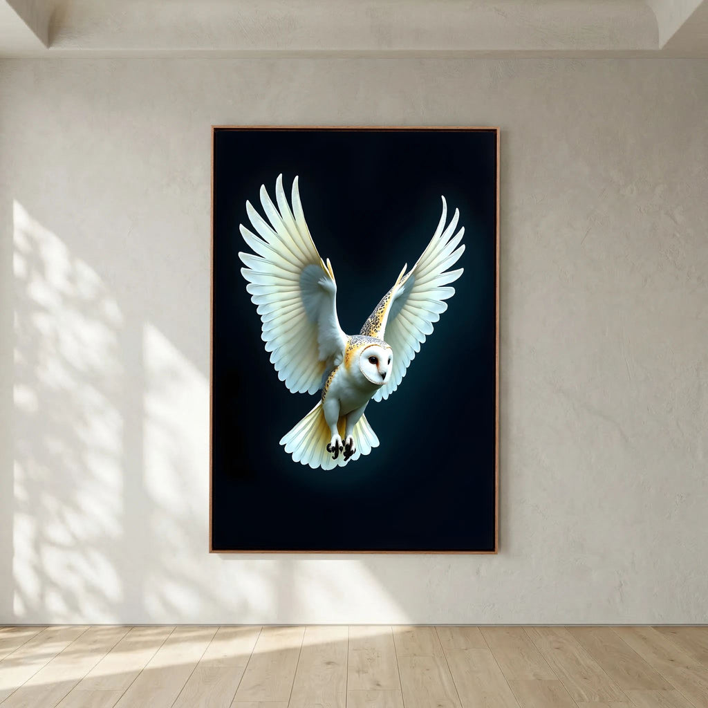 Barn Owl In Flight on canvas wall art showing a white and brown owl with wings fully spread against a dark background