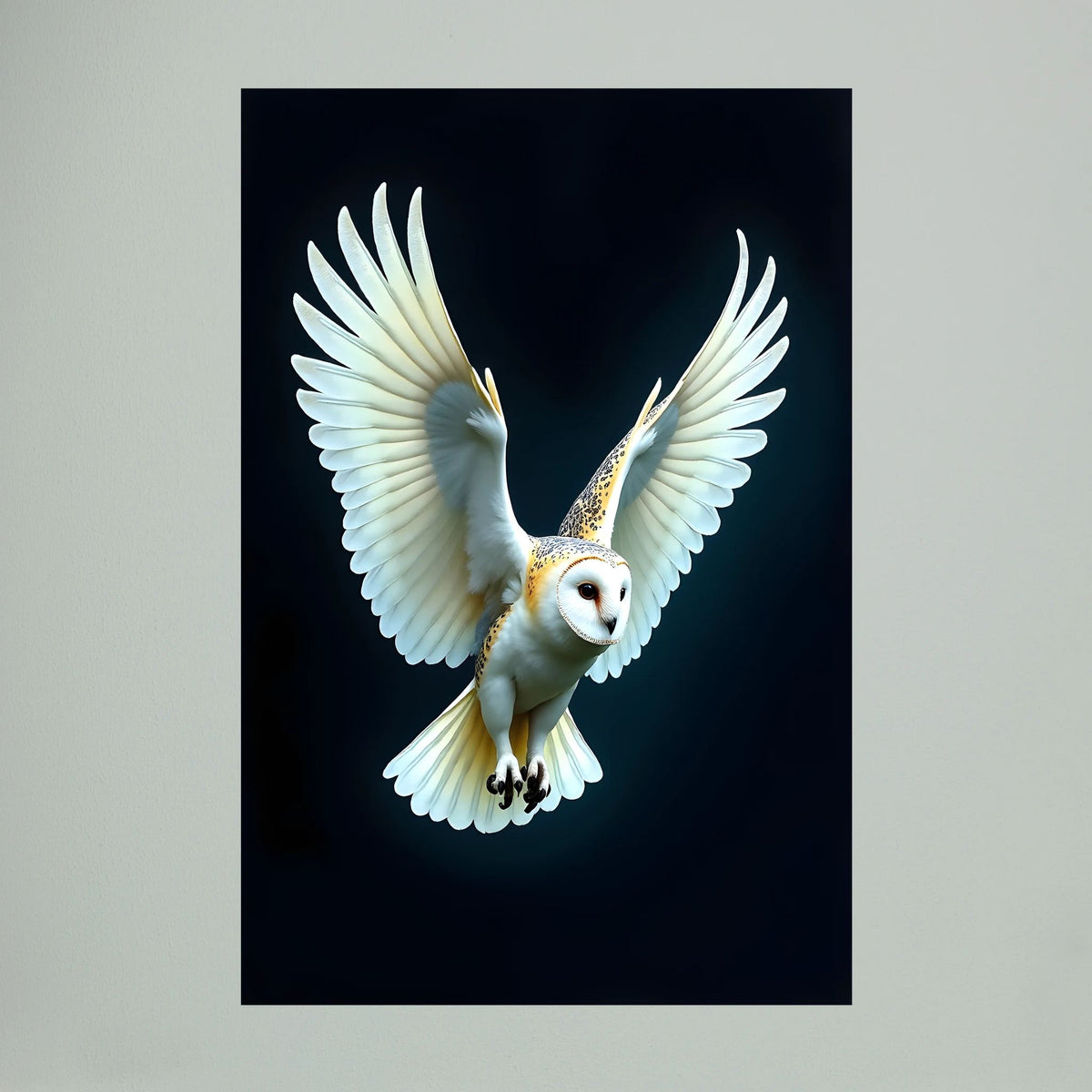 Barn Owl In Flight depicted on canvas wall art showing a white and tan owl with wings spread against a dark background