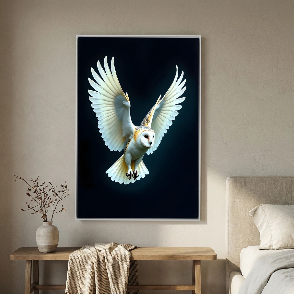 Barn Owl In Flight artwork on canvas with white and tan owl against a dark background, framed and hanging in a modern neutral room