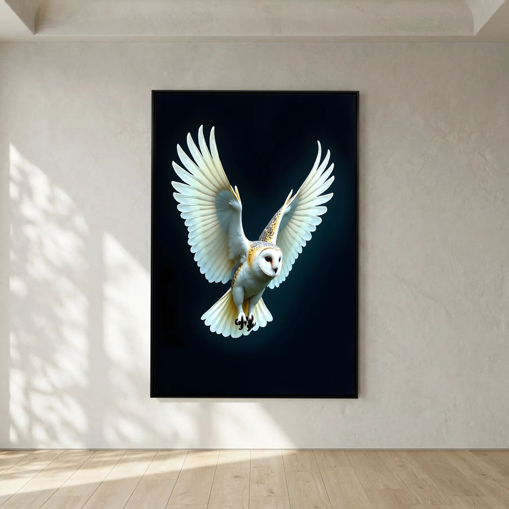 Barn Owl In Flight wall art canvas showing a white and tan barn owl with wings spread in mid-flight on a dark background