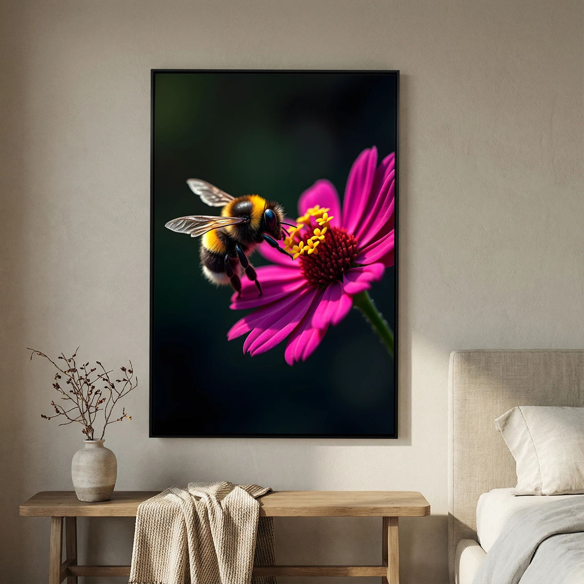 Bee Delicate Study canvas wall art showing a detailed bumblebee on a vibrant pink flower with a dark blurred background
