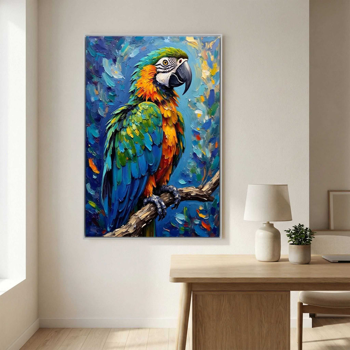 Blue Macaw Oil Style canvas featuring vibrant jewel-toned blue, orange, and green oil-style painted tropical bird perched on a branch