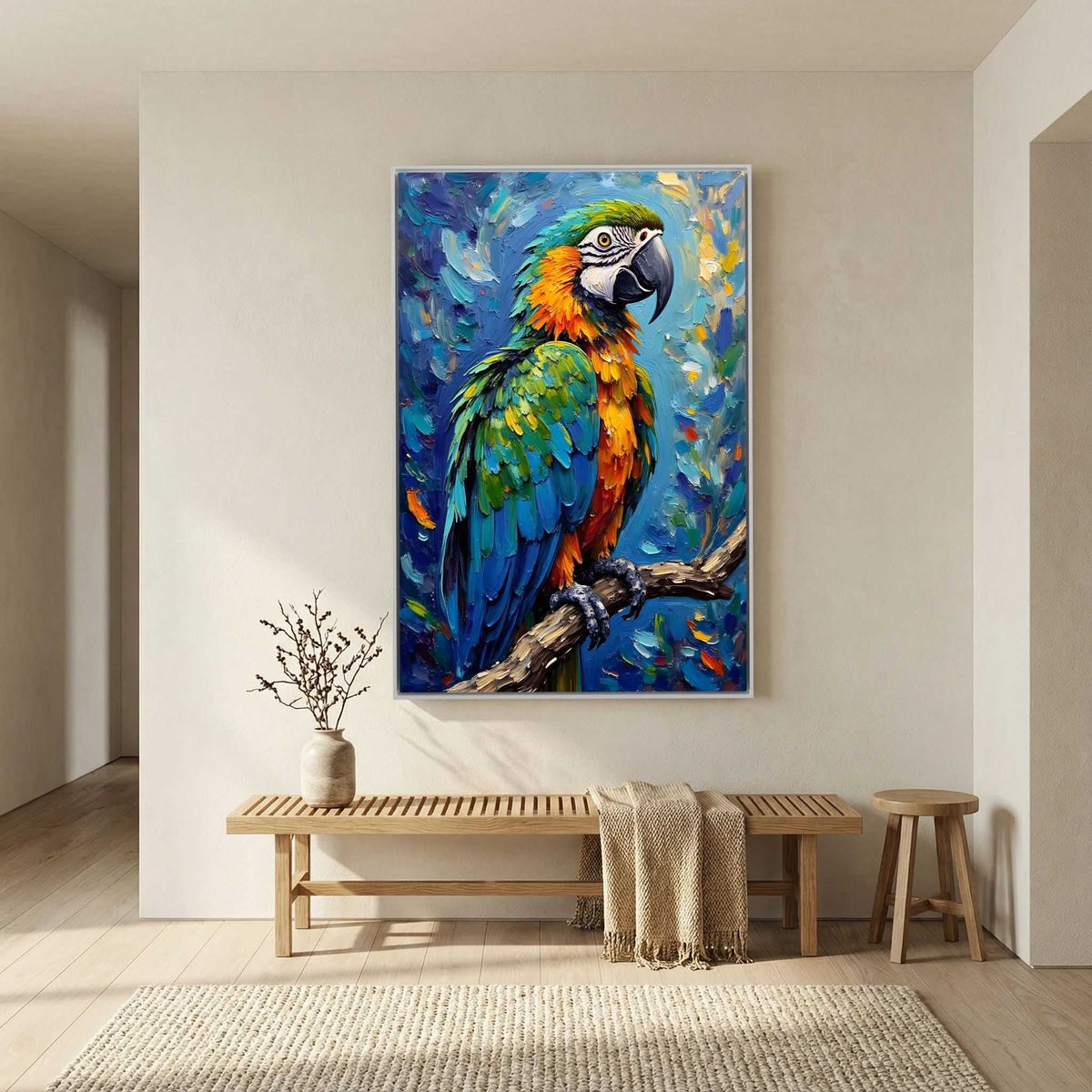 Blue Macaw Oil Style painting on canvas featuring vibrant blue, green and orange feathers on a branch in bold oil-style brushstrokes