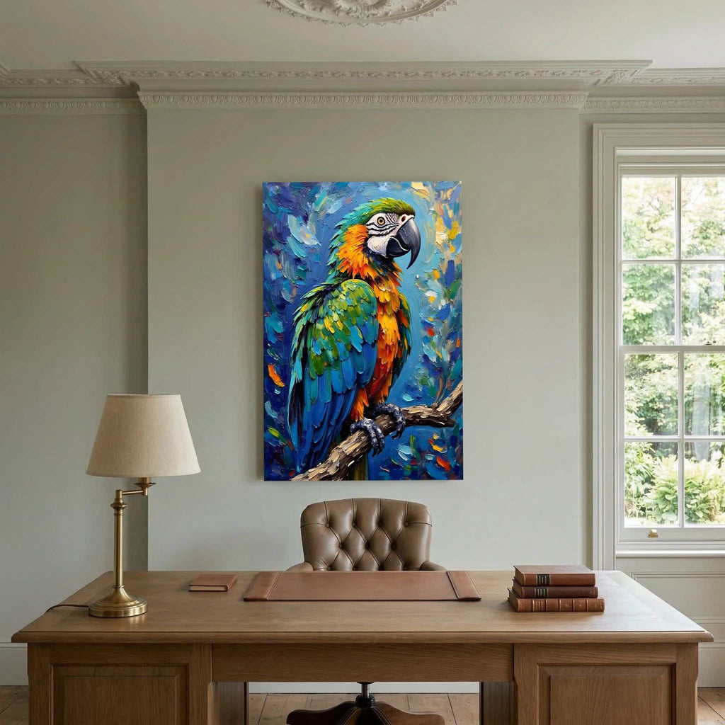 Blue Macaw Oil Style canvas wall art featuring vibrant jewel-toned oil strokes of a macaw perched on a branch
