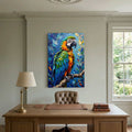 Blue Macaw Oil Style canvas wall art featuring vibrant jewel-toned oil strokes of a macaw perched on a branch