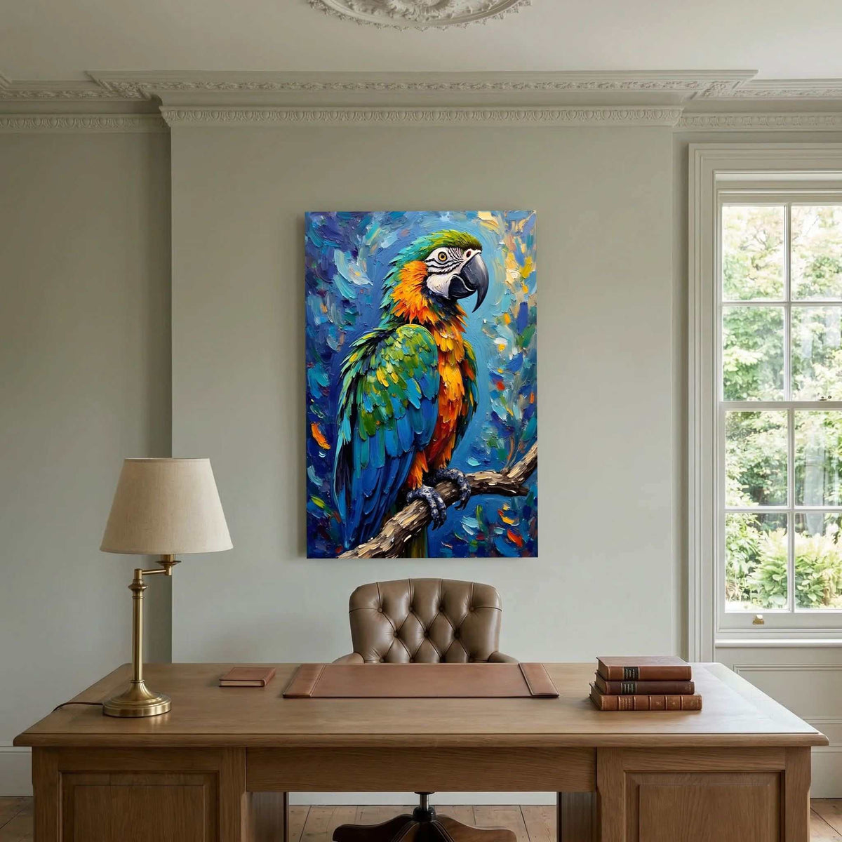 Blue Macaw Oil Style canvas wall art featuring vibrant jewel-toned oil strokes of a macaw perched on a branch
